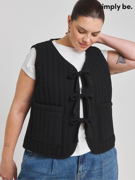 Simply Be Black 100% Cotton Bow Tie front Quilted Gilet (AY6122) | €36