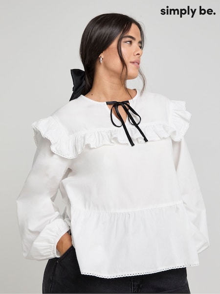 Simply Be White Contrast Bow Collared 100% Cotton Blouse (AY6128) | €26