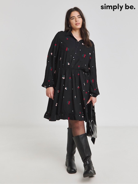 Simply Be Black Embroidered Floral Collar Shirt Dress (AY6135) | €64