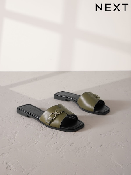 Khaki Green Leather Signature Double Buckle Mule Sandals (AY6140) | €76