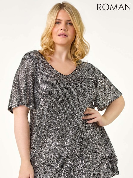Metallivärit - Roman Curve Flare Sleeve Paljetti Top (AY6210) | €76