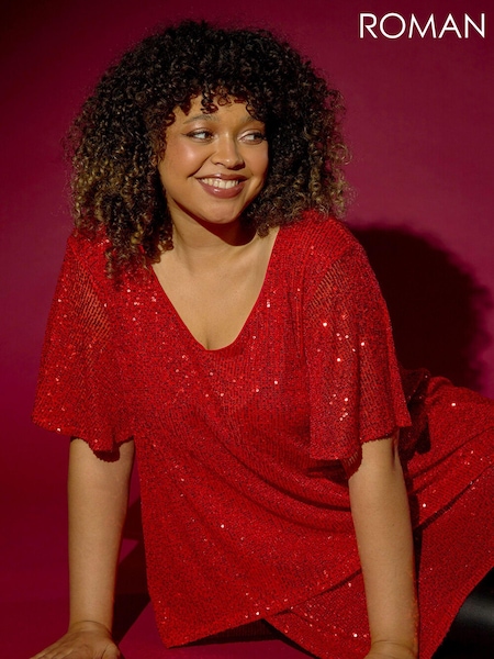 Roman Red Curve Flare Sleeve Sequin Top (AY6211) | €60