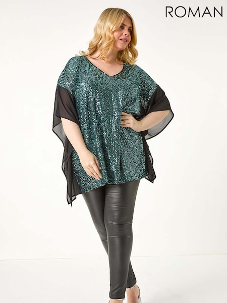 Зеленый - Roman Curve Full Sequin Chiffon Overlay Top (AY6216) | €66