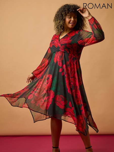 Roman Red Curve Floral Print Wrap Stretch Midi Dress (AY6217) | 272 QAR