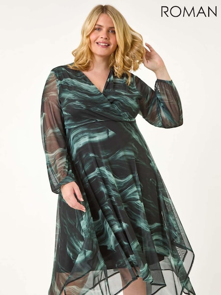 Roman Grey Curve Abstract Print Wrap Stretch Midi Dress (AY6218) | 272 QAR
