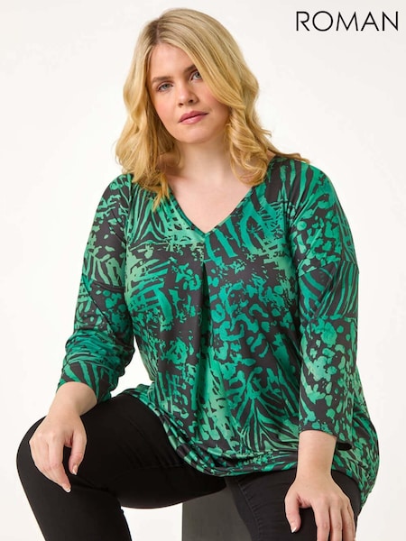 Roman Green Curve Animal Print Pleat Front Top (AY6223) | €50