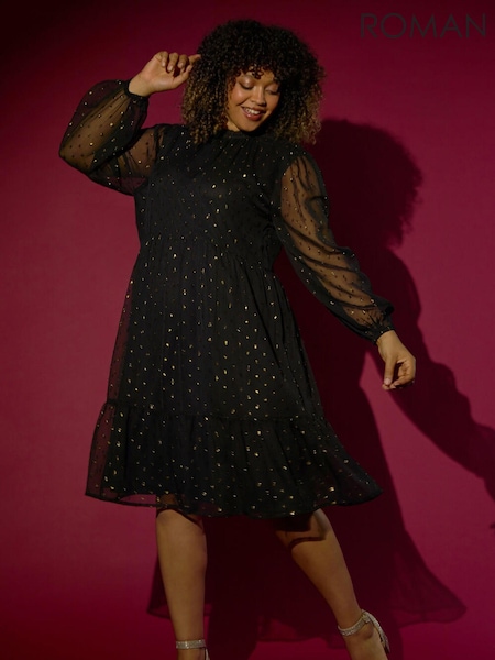 Roman Metallic Curve High Neck Overlay Swing Dress (AY6295) | 267 QAR