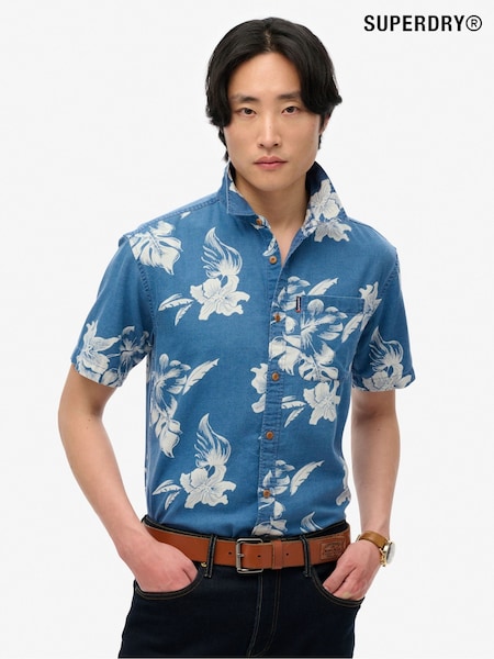 Superdry Blue Vintage Loom Short Sleeve 100% Cotton Shirt (AY6473) | €69