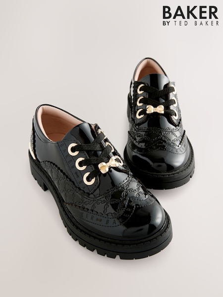 Baker by Ted Baker Girls Back to School Chunky Patent Black Brogue Shoes with Bow (AY6485) | R$ 515 - R$ 535
