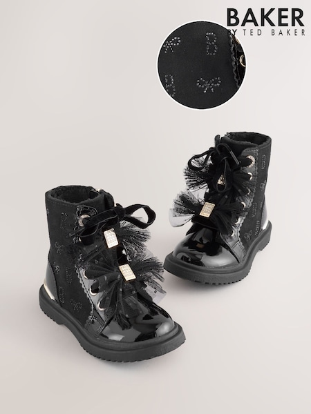 Baker by Ted Baker Girls Black Diamanté Lace-Up Boots with Bow (AY6514) | 291 QAR - 302 QAR