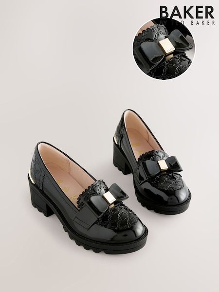 Baker by Ted Baker Girls Back to School Patent Heeled Black Loafer Shoes with Bow (AY6519) | R$ 435 - R$ 455