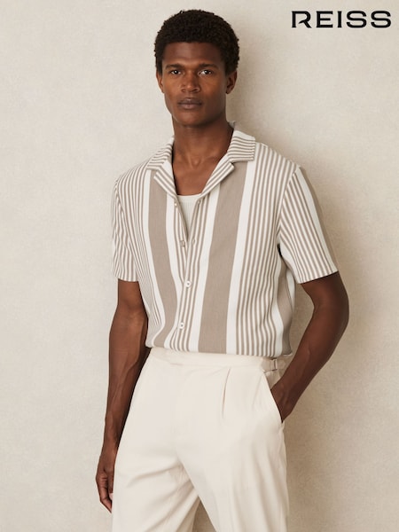 Reiss Oatmeal/White Alcazar Stripe Ribbed Cuban Collar Shirt (AY6531) | €134