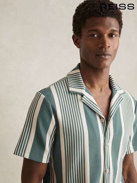 Reiss Sage/White Alcazar Stripe Ribbed Cuban Collar Shirt (AY6534) | €134