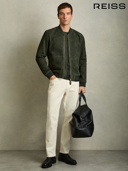 Reiss Antique Dark Forest Green Block Leather-Sleeve Suede Brick Bomber Jacket (AY6553) | €606