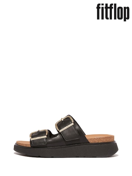 FitFlop Gen-FF Buckle Two-Bar Leather Black Slides (AY6594) | ₪629
