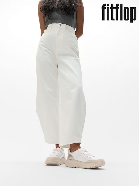 FitFlop F-Mode Leather Suede Metallic Flatform White Sneakers (AY6595) | €172