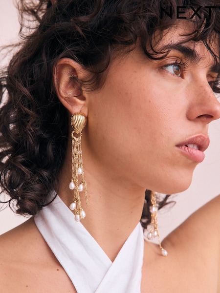 Gold Tone Pearl Effect Shoulder Duster Earrings (AY6613) | €18.50