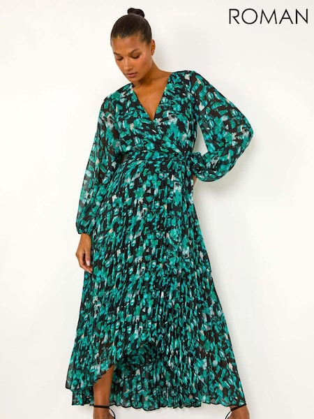 Roman Blue Abstract Print Wrap Front Pleated Maxi Dress (AY6677) | 396 QAR