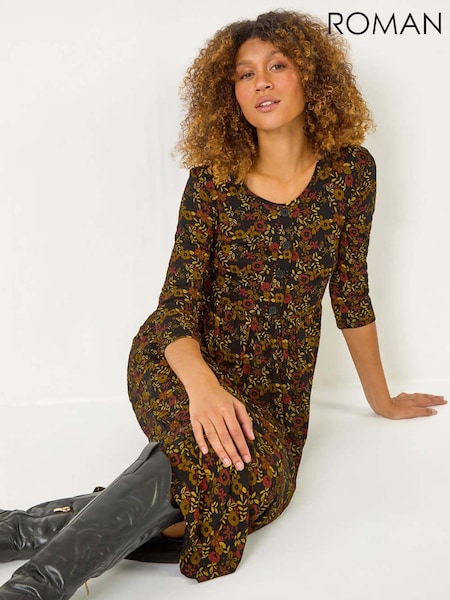 Roman Yellow Floral Print Button Detail Midi Dress (AY6679) | €58