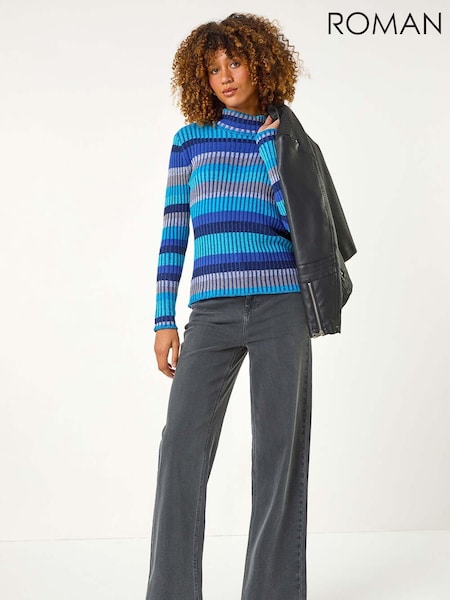 Roman Blue Roll Neck Stripe Print Ribbed Knit Jumper (AY6685) | AED255