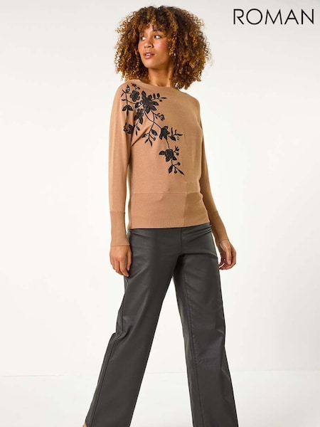 Roman Brown Sequin Floral Knit Jumper (AY6696) | 208 QAR