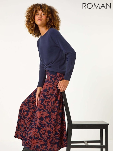 Roman Foliage Floral Print Stretch Midi Skirt (AY6697) | ‏201‏₪