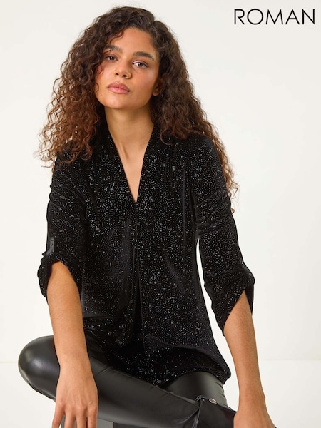 Roman Black Sparkle Velvet V-Neck Swing Tunic Top (AY6699) | € 62