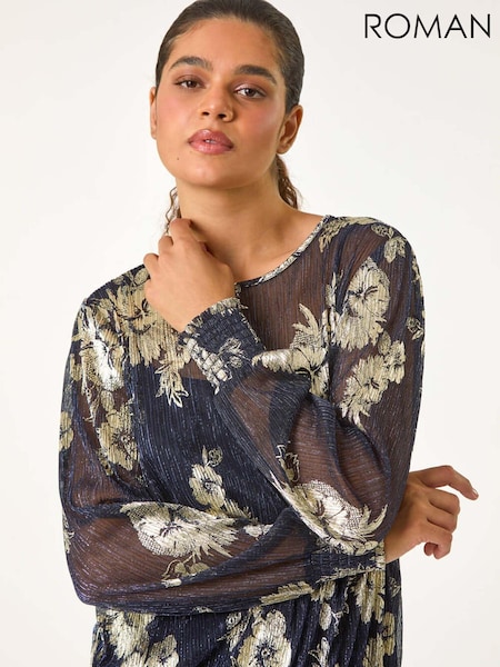 Roman Metallic Foil Floral Print Plisse Shirred Top (AY6700) | € 66