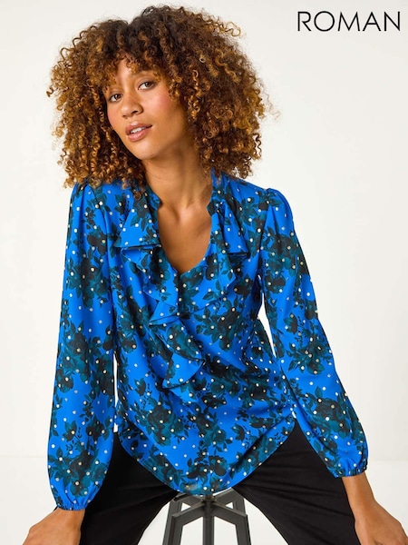 Roman Foil Floral Print Ruffle Front Top (AY6702) | €53
