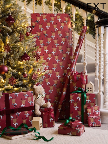 Red Burgundy Reindeers Extra Wide, 10m Christmas Wrapping Paper (AY6887) | €10.50