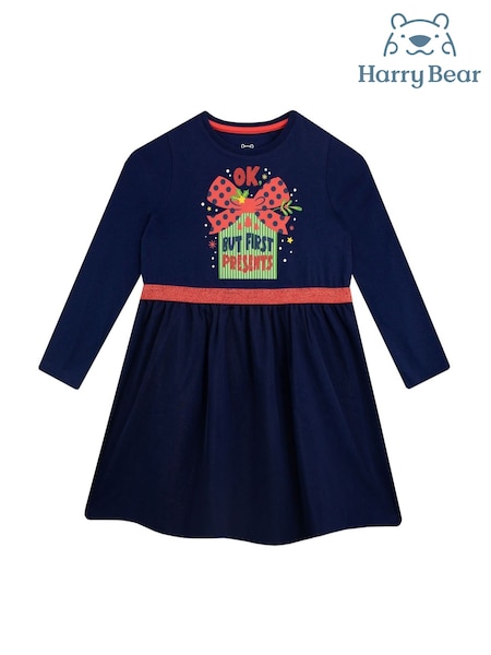 Harry Bear Blue Christmas Party Long Sleeve Glitter 100% Cotton Dress (AY7133) | €9