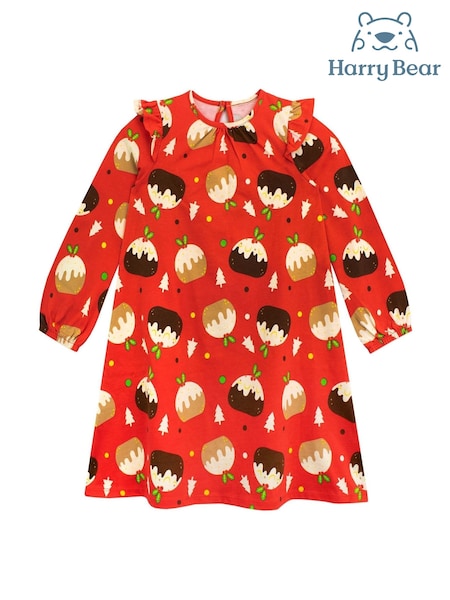 Harry Bear Red Christmas Pudding Long Sleeve 100% Cotton Dress (AY7138) | $8