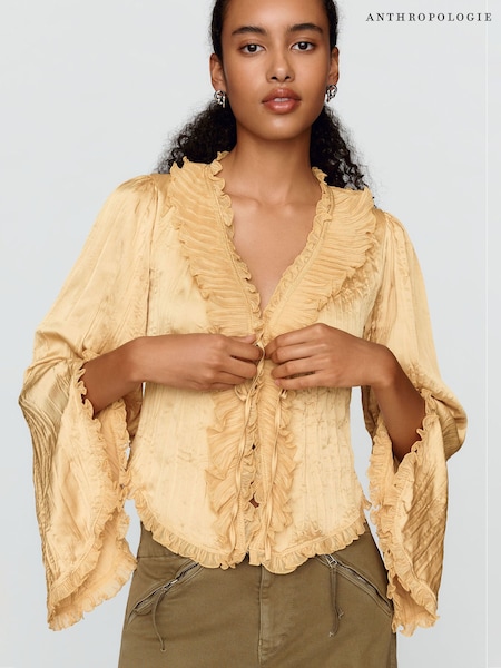 ذهبي - Anthropologie Long-sleeve Ruffled Tie-front Top