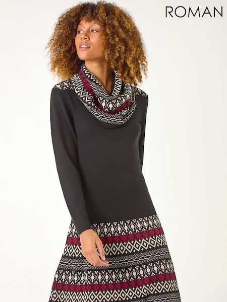 Roman Red 2-in-1 Nordic Print Scarf Neck Knitted Dress (AY7210) | €77