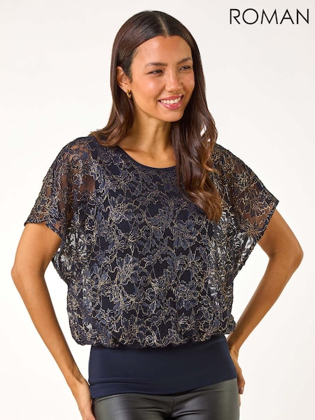 Roman Blue Metallic Lace Bubble Hem Top (AY7218) | €50