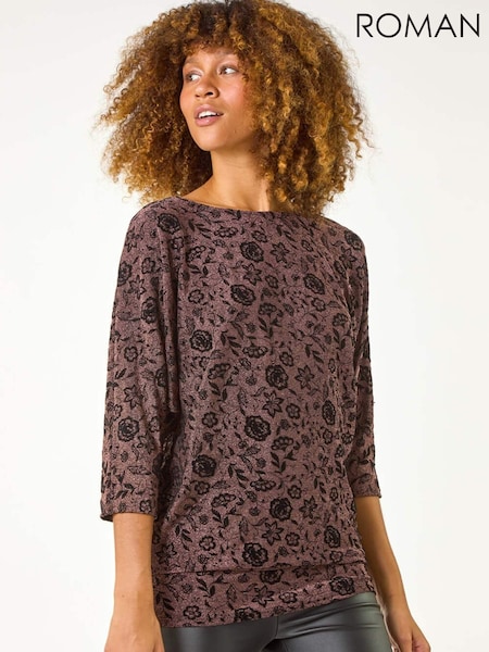 Roman Floral Print Banded Glitter Top (AY7223) | 298 LEI
