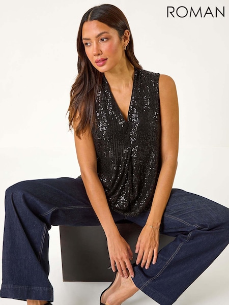 Roman Black Sequin Front Pleat Vest (AY7246) | €48