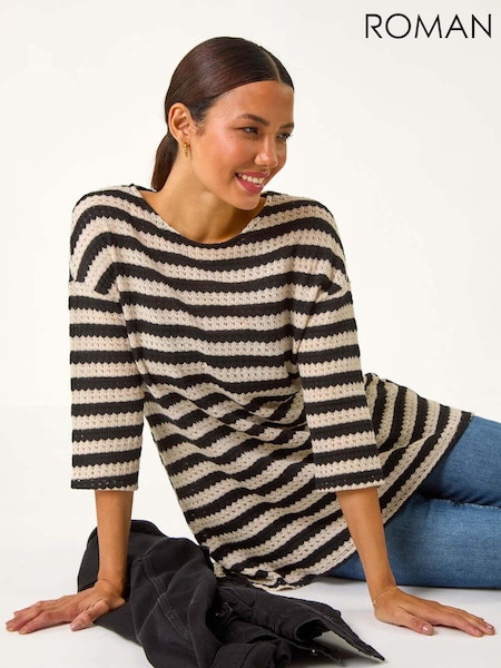 Roman Black Crochet Knit Stripe Tunic Top (AY7249) | kr500