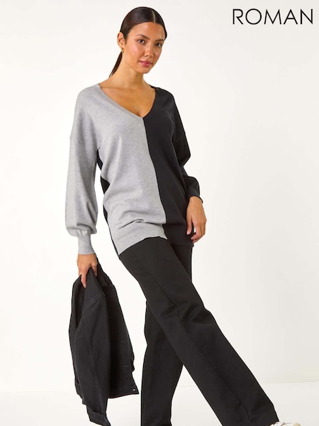 Roman Grey V-Neck Colour Block Knit Jumper (AY7253) | €40