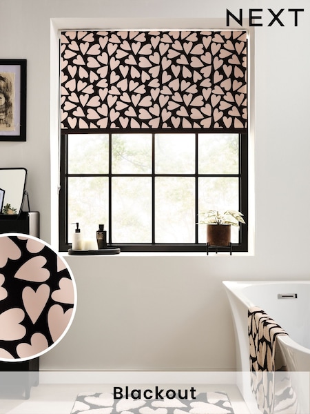Black/White Ready Made Blackout Bathroom Roller Heart Print Blinds (AY7261) | €31 - €72