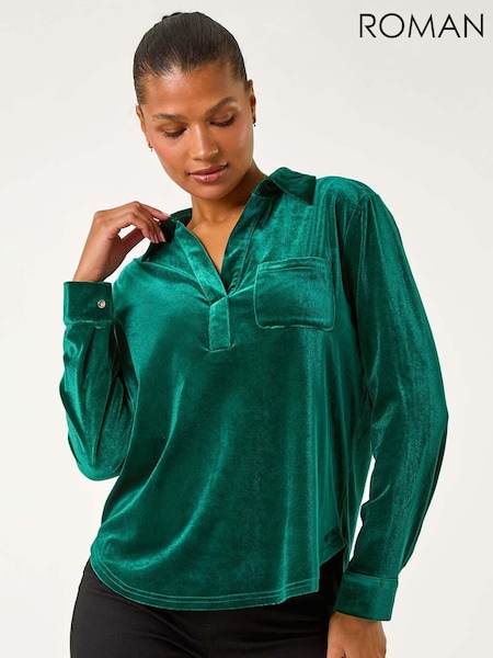 Roman Green Collared Velvet Stretch Shirt (AY7280) | €50