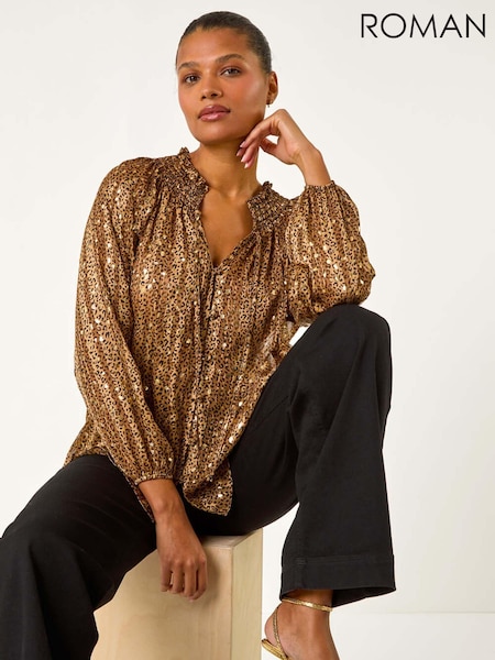 Roman Metallic Tie Front Animal Print Blouse (AY7297) | € 66