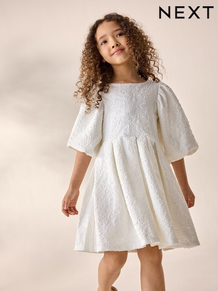 Cream Textured Puff Sleeve Occasion Dress (3-16yrs) (AY7413) | AED142 - AED173