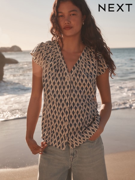 Navy/Stone Geometeric Print - חולצה מכופתרת בשילוב פשתן עם עיטור בד מכווץ בשרוולים (AY7454) | ‏67‏₪