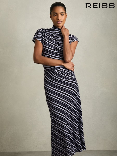 Reiss Blue Dillon Petite Stripe-Print Draped Midi Dress (AY7485) | €115