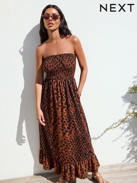 بني شكل حيواني - Print Bandeau Frill Summer Midi Dress (AY7498) | ‏151 د.إ.‏