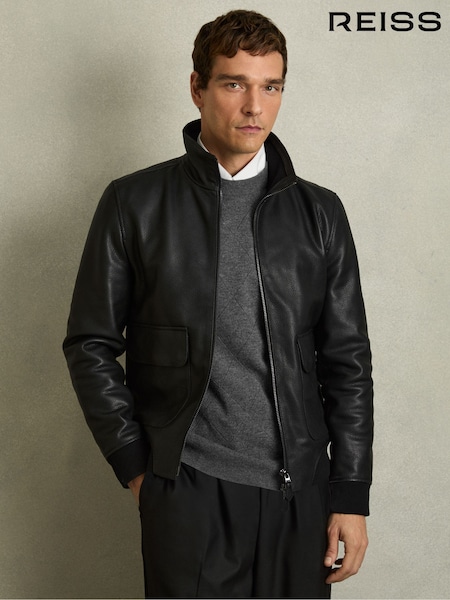 Reiss Black Reed Pebbled-Leather Funnel-Neck Jacket (AY7539) | €652