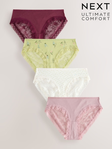 Green Floral Print/Berry Brazilian Full Brief Modal Ultimate Comfort Lace Knickers 4 Pack (AY7622) | €28