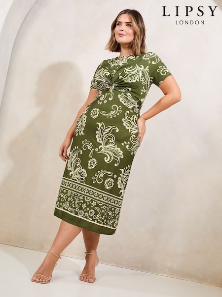 Khaki Green Curve Mixed Print Underbust Jersey Midi Dress (AY7628) | €59.50