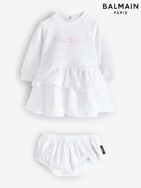 Balmain Baby Logo Tierred Ruffle Jersey White Dress (AY7637) | AED961